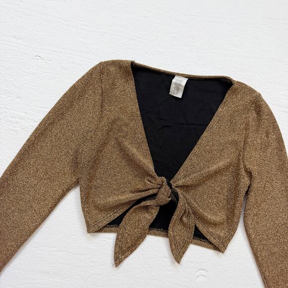 Y2K Sparkly Gold Tie Front Crop Top Shrug Feather Trim, Size Small - Picture 2 of 6